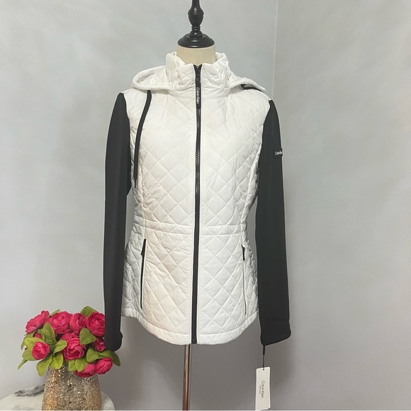 Calvin Klein Black & White Color Block Quilted Hooded Zip Up Jacket- Reemoly - Picture 9 of 15